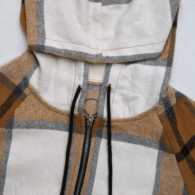Windowpane Check Hooded Longline Jacket - Khaki - 3