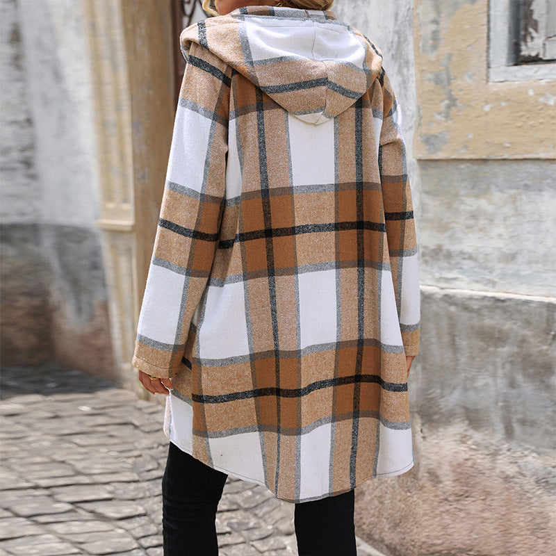 Windowpane Check Hooded Longline Jacket - Khaki - 7