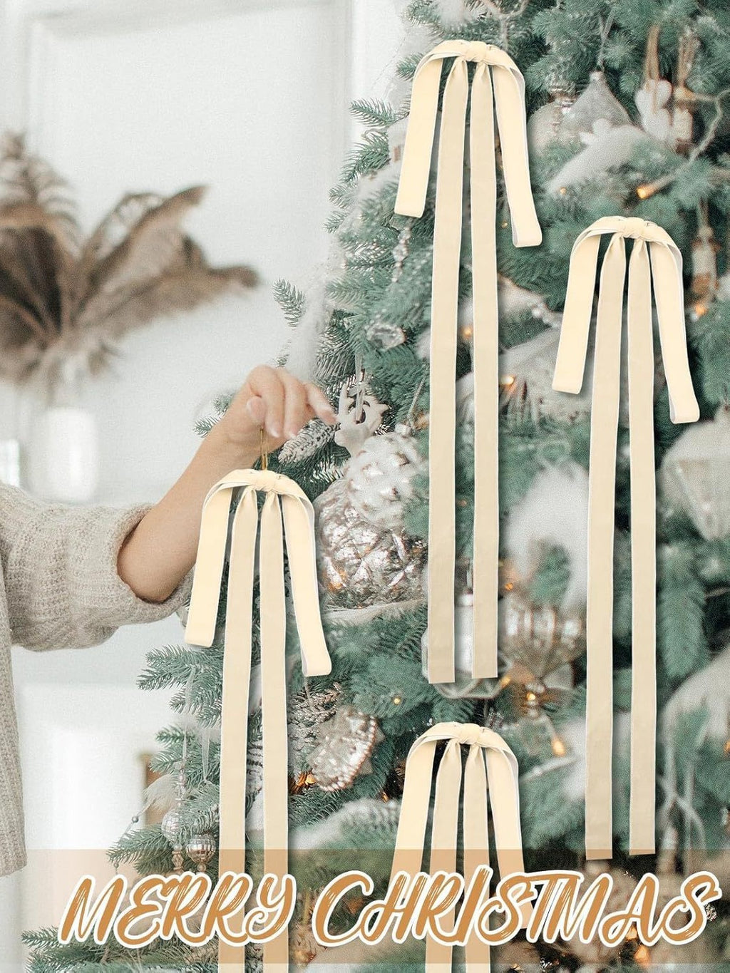 Long Tail Velvet Christmas Bows for Garland Decor - Beige