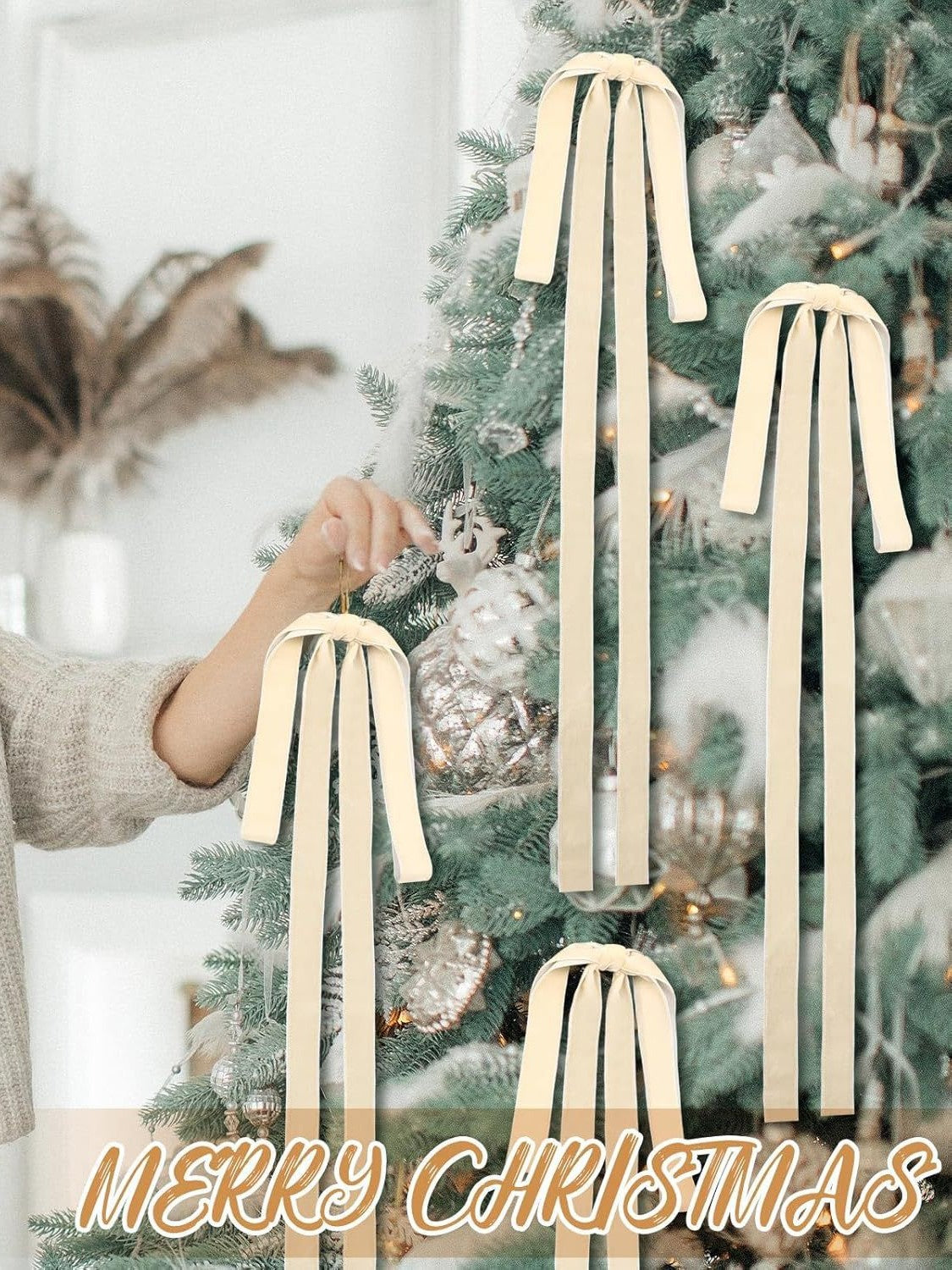 Long Tail Velvet Christmas Bows for Garland Decor - Beige
