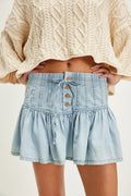 Button Front Tiered Ruffle Denim Mini Skirt - Blue