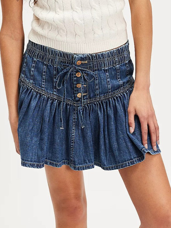 Button Front Tiered Ruffle Denim Mini Skirt - DarkBlue