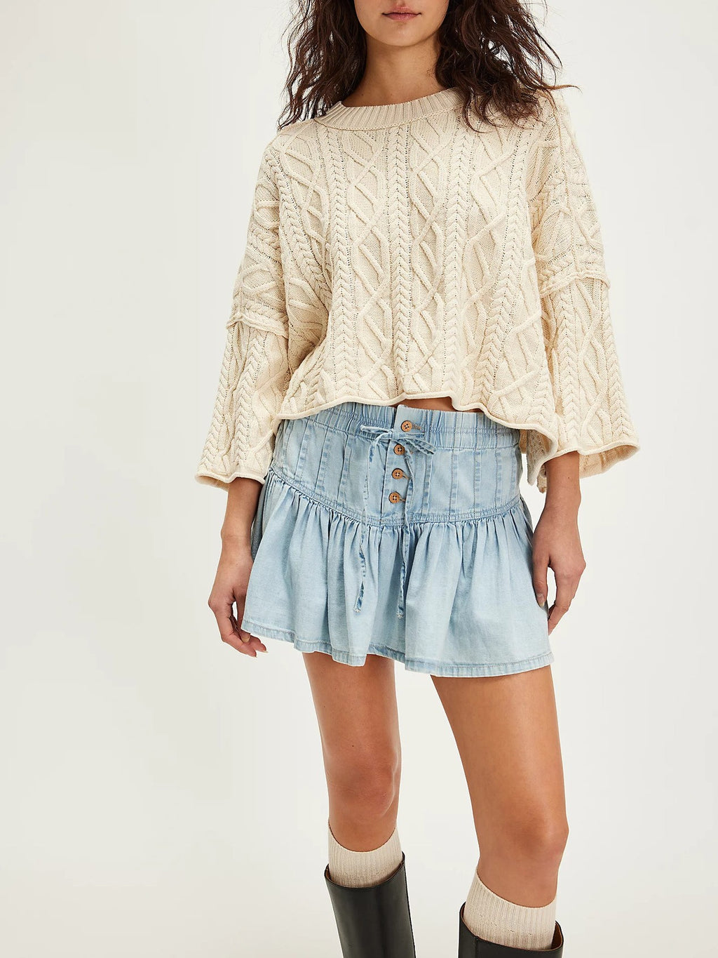 Button Front Tiered Ruffle Denim Mini Skirt