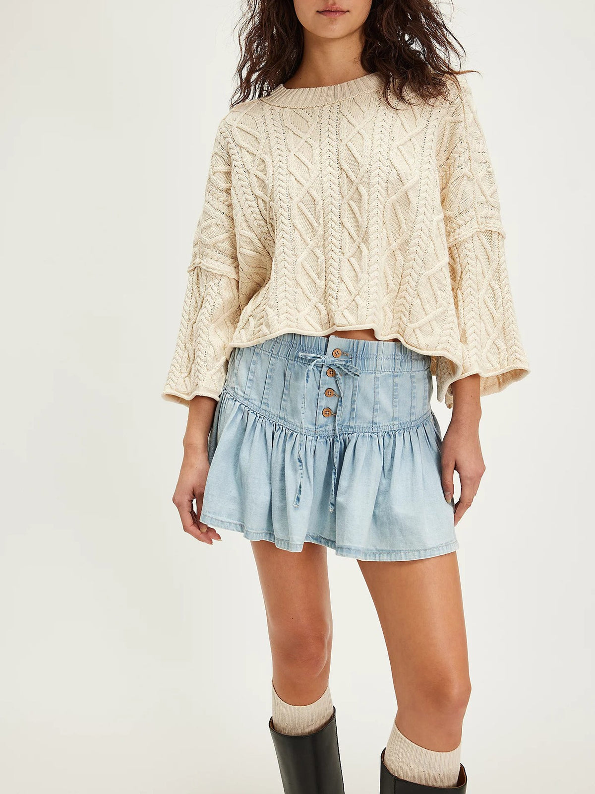 Button Front Tiered Ruffle Denim Mini Skirt