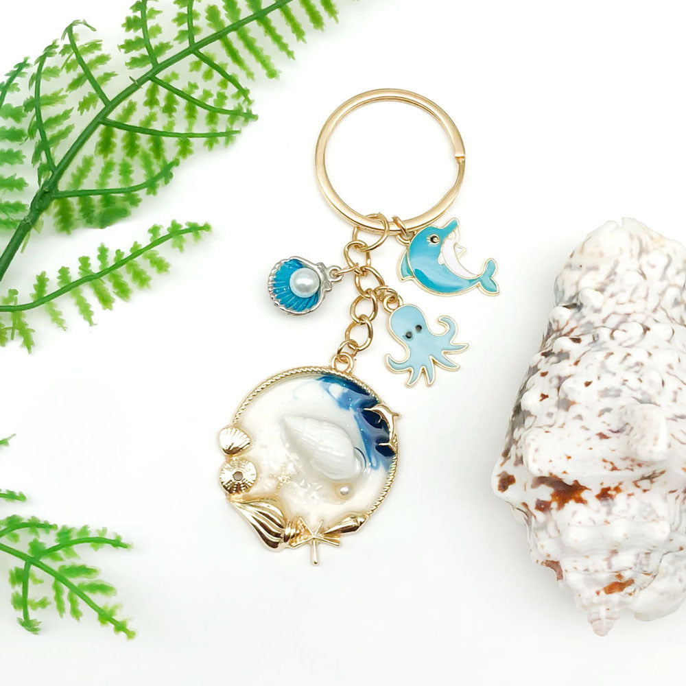 Ocean Shell Dolphin Charm Keychain - Blue - 1