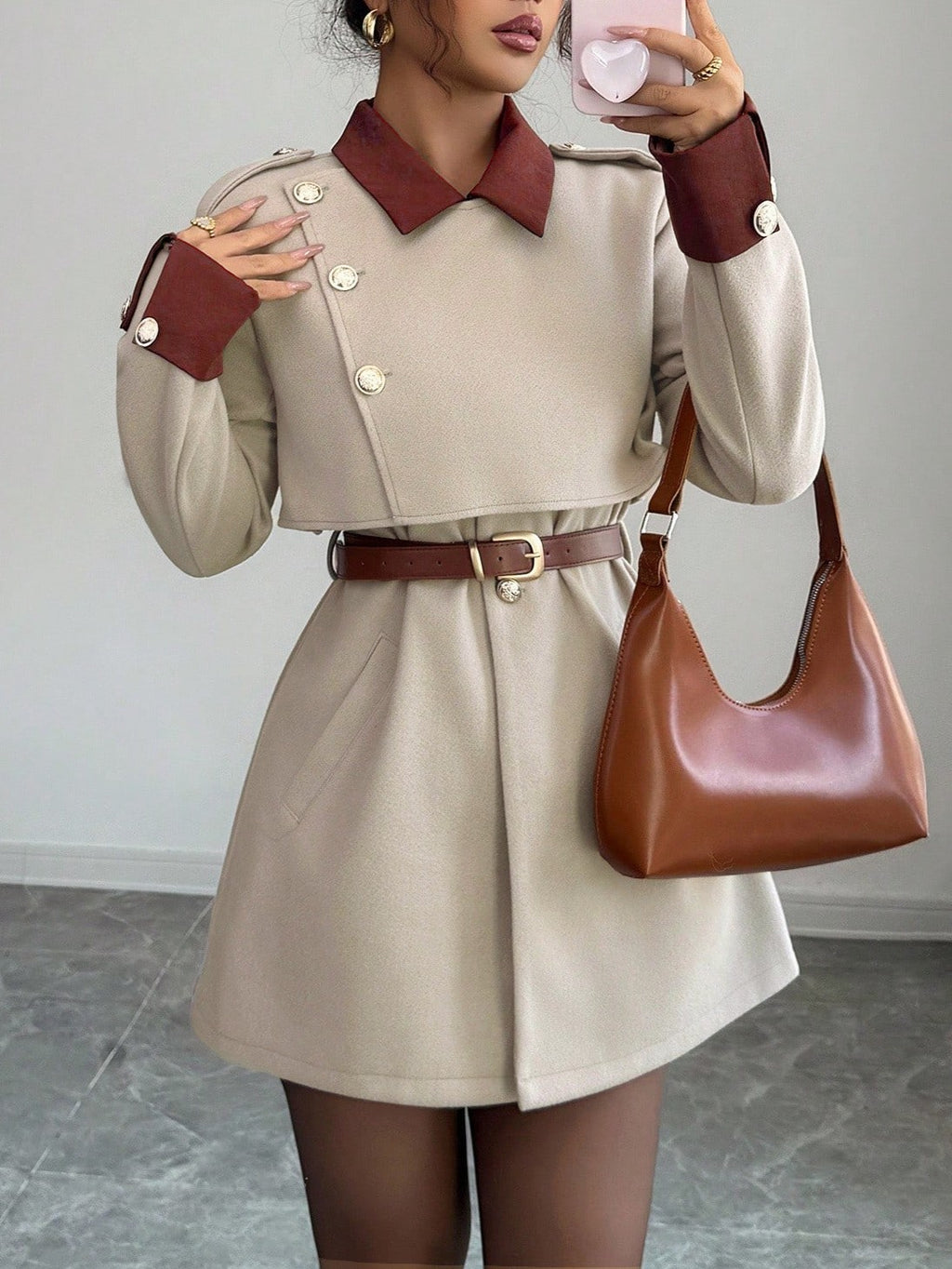 Contrast Collar Button Detail Wrap Blazer Coat - Apricot