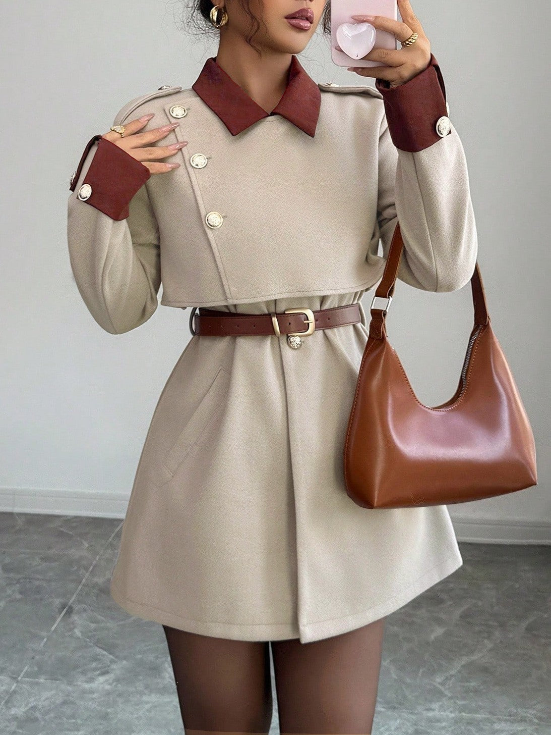 Contrast Collar Button Detail Wrap Blazer Coat - Apricot