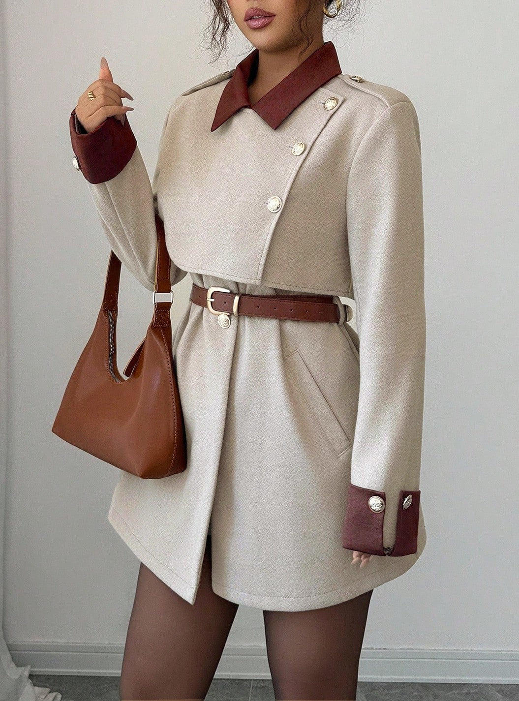 Contrast Collar Button Detail Wrap Blazer Coat - Apricot - 1