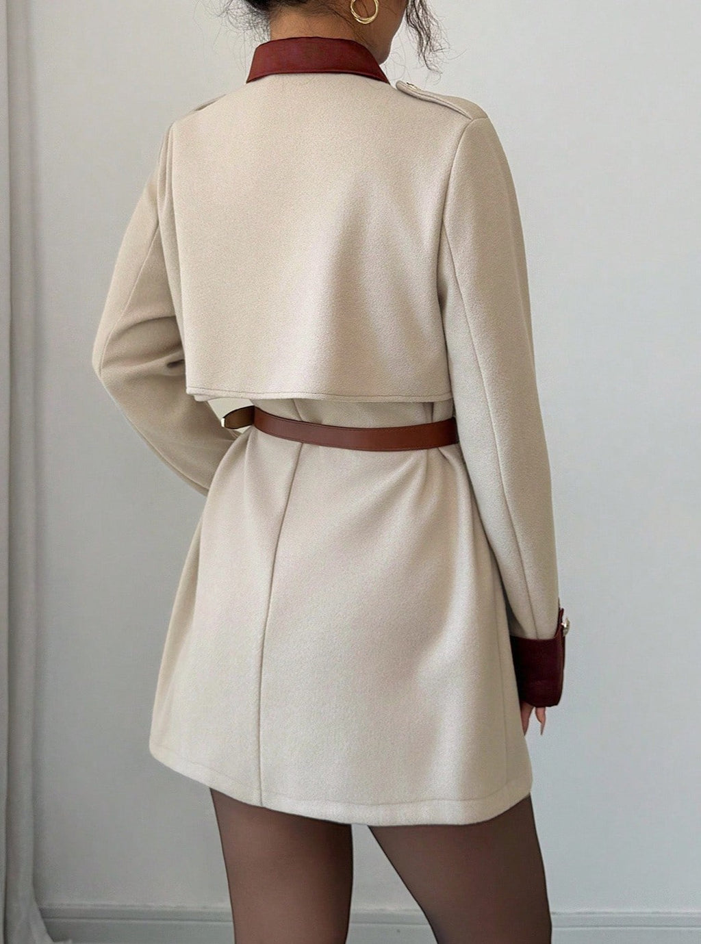 Contrast Collar Button Detail Wrap Blazer Coat - Apricot - 2