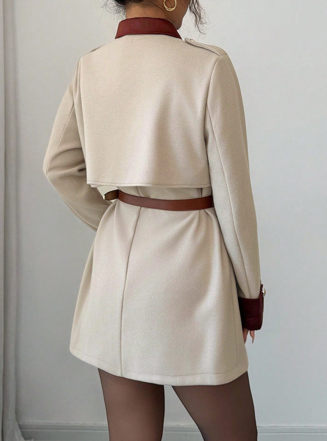 Contrast Collar Button Detail Wrap Blazer Coat - Apricot - 2