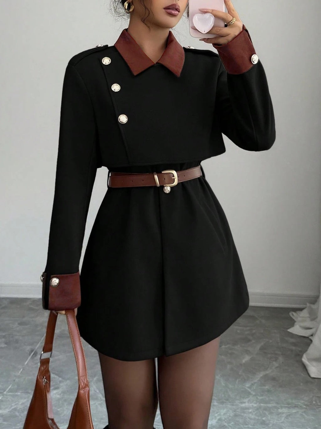 Contrast Collar Button Detail Wrap Blazer Coat - Black