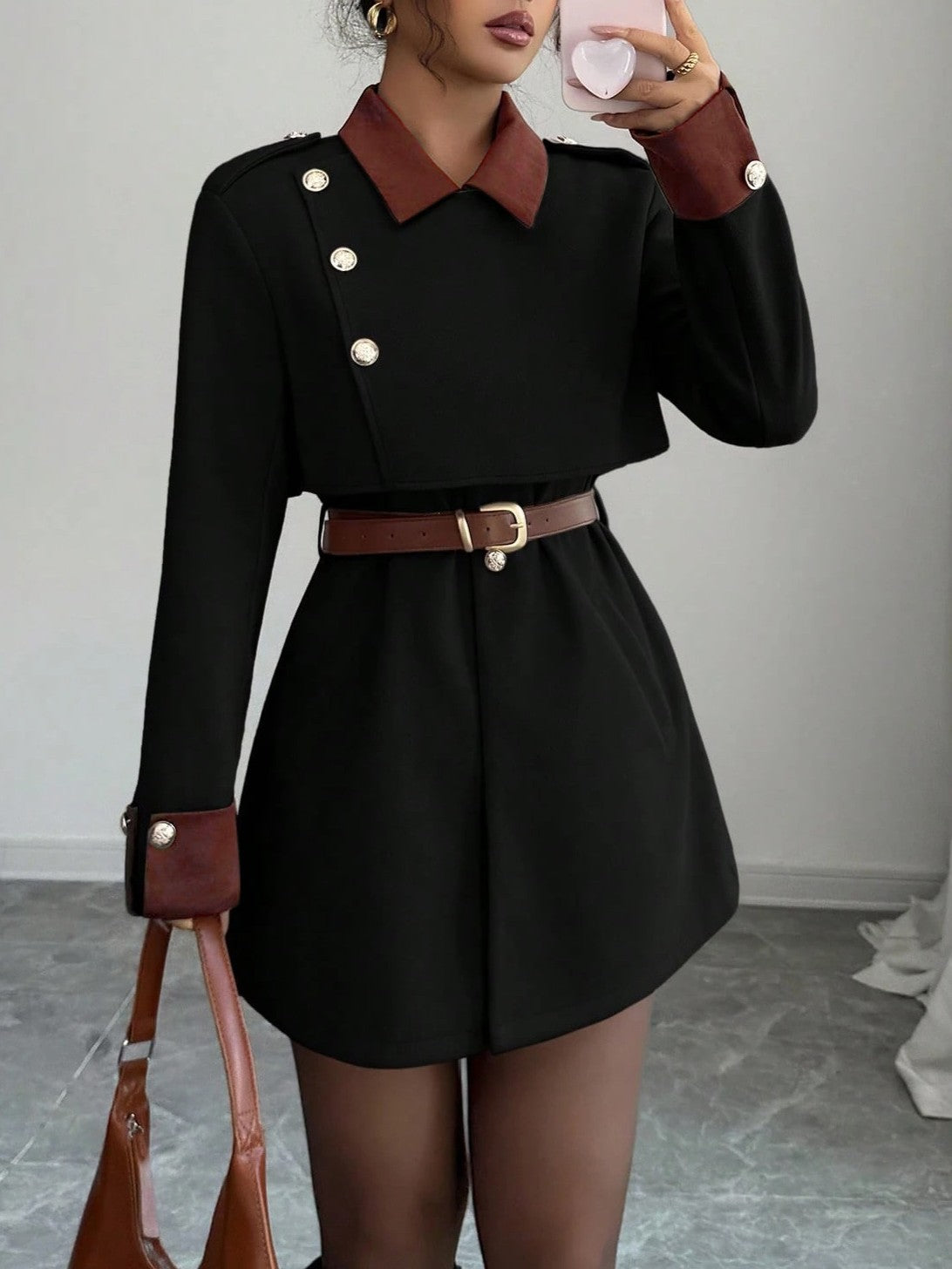 Contrast Collar Button Detail Wrap Blazer Coat - Black