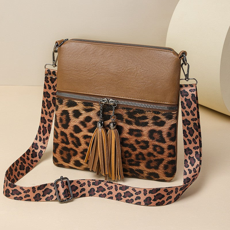 Leopard Print Tassel Crossbody Bag - Tan