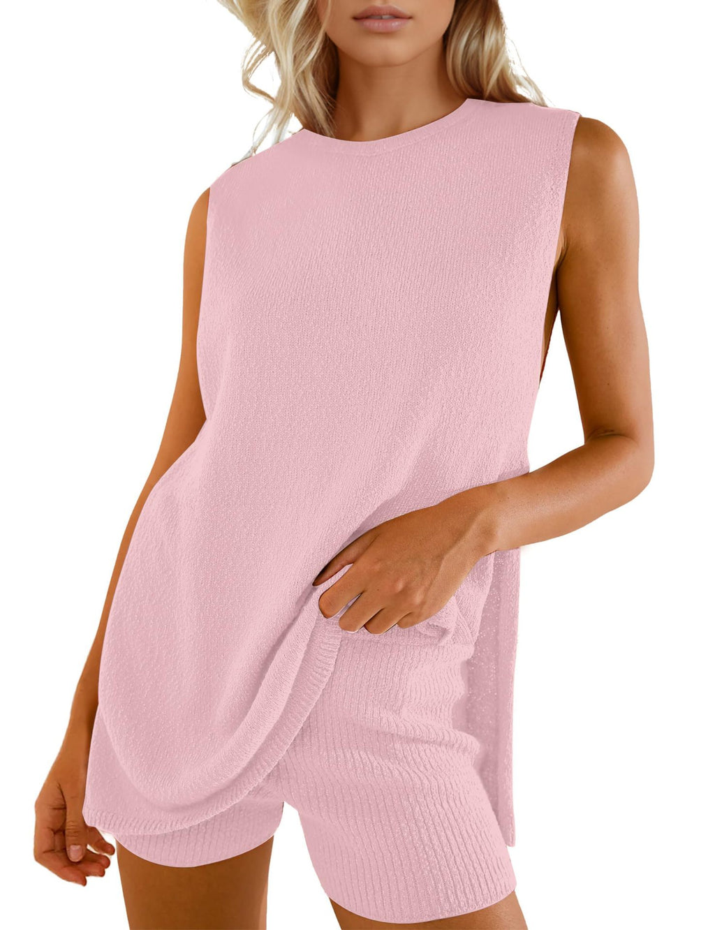 Ribbed Knit Sleeveless Tunic And Shorts Set - Pink
