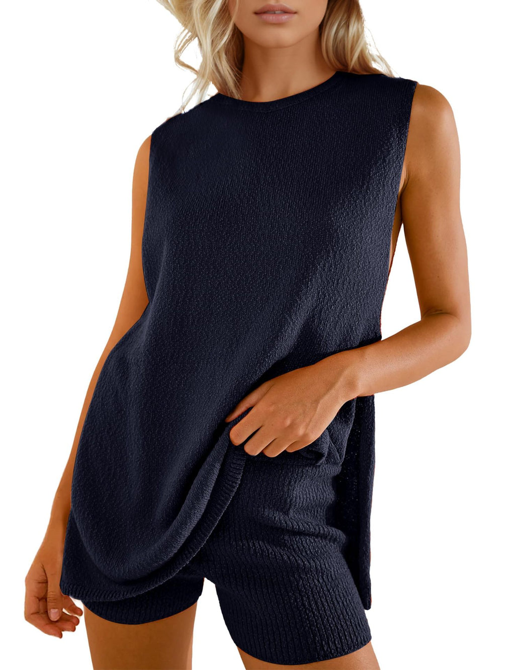 Ribbed Knit Sleeveless Tunic And Shorts Set - navy