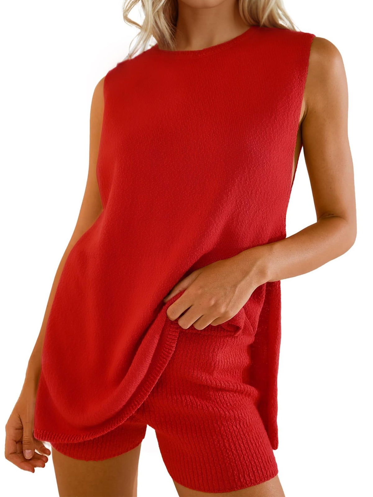 Ribbed Knit Sleeveless Tunic And Shorts Set - red