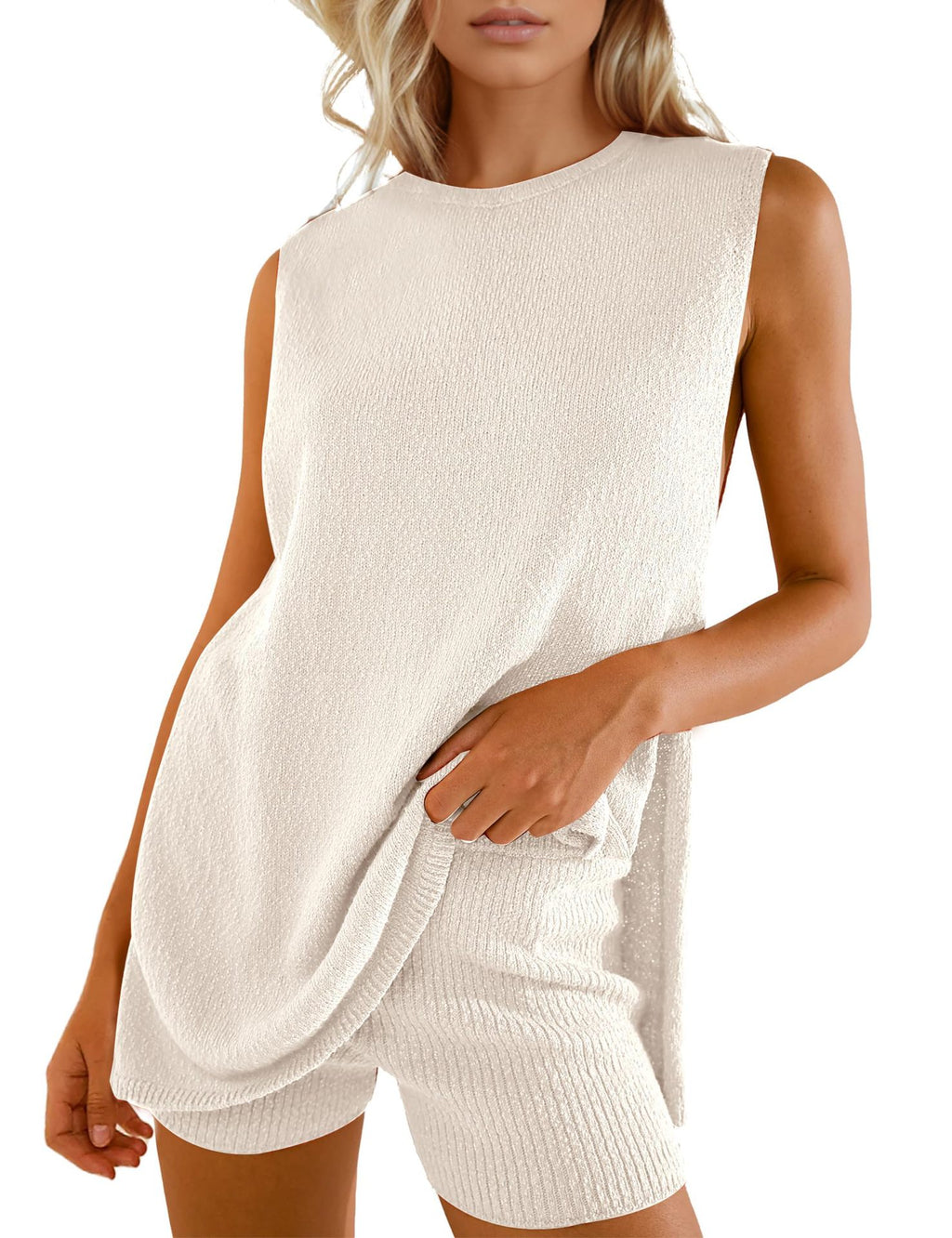 Ribbed Knit Sleeveless Tunic And Shorts Set - white