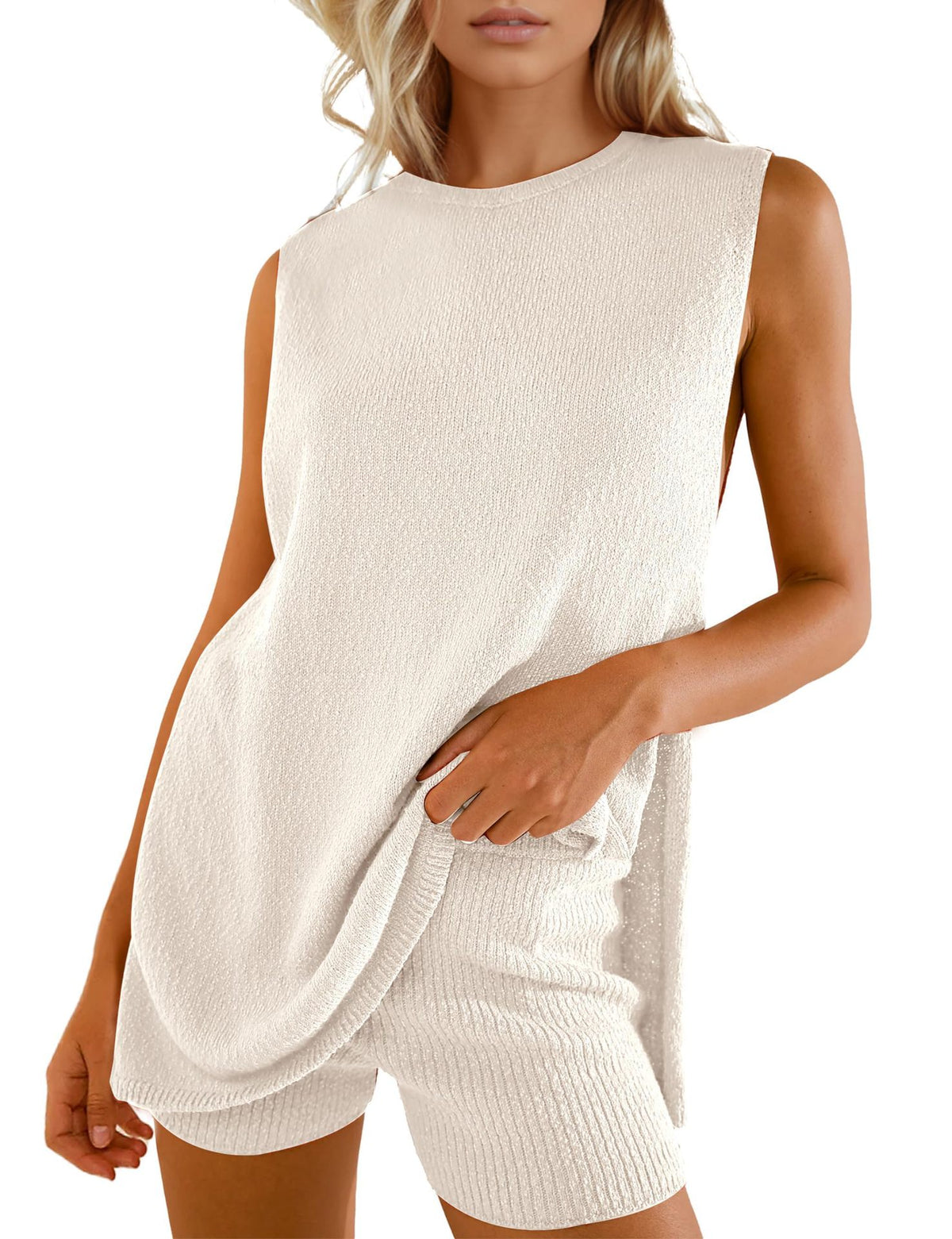 Ribbed Knit Sleeveless Tunic And Shorts Set - white