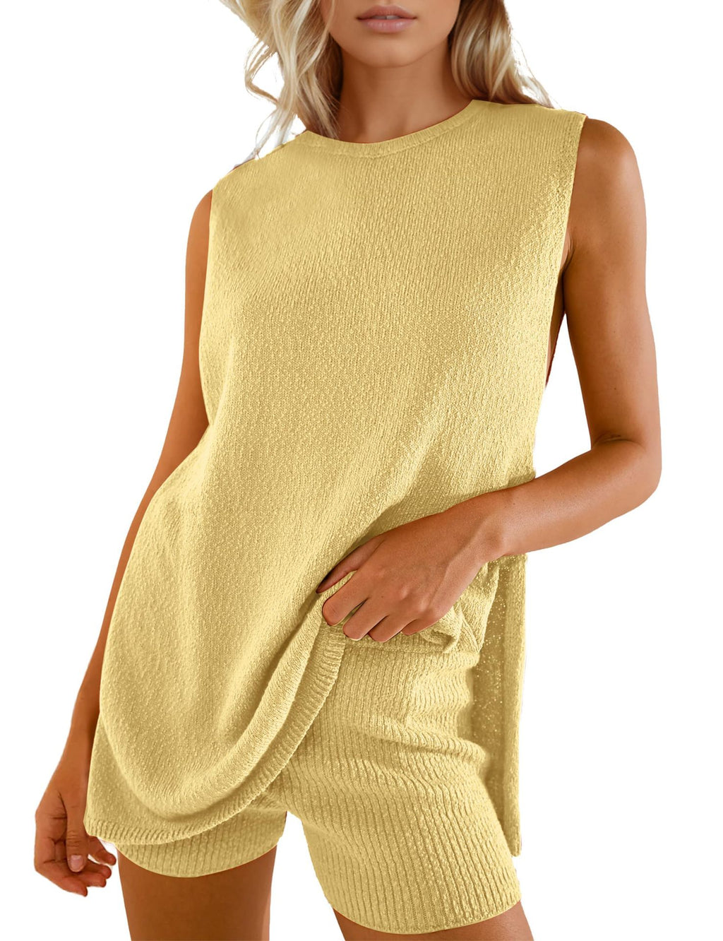 Ribbed Knit Sleeveless Tunic And Shorts Set - yellow