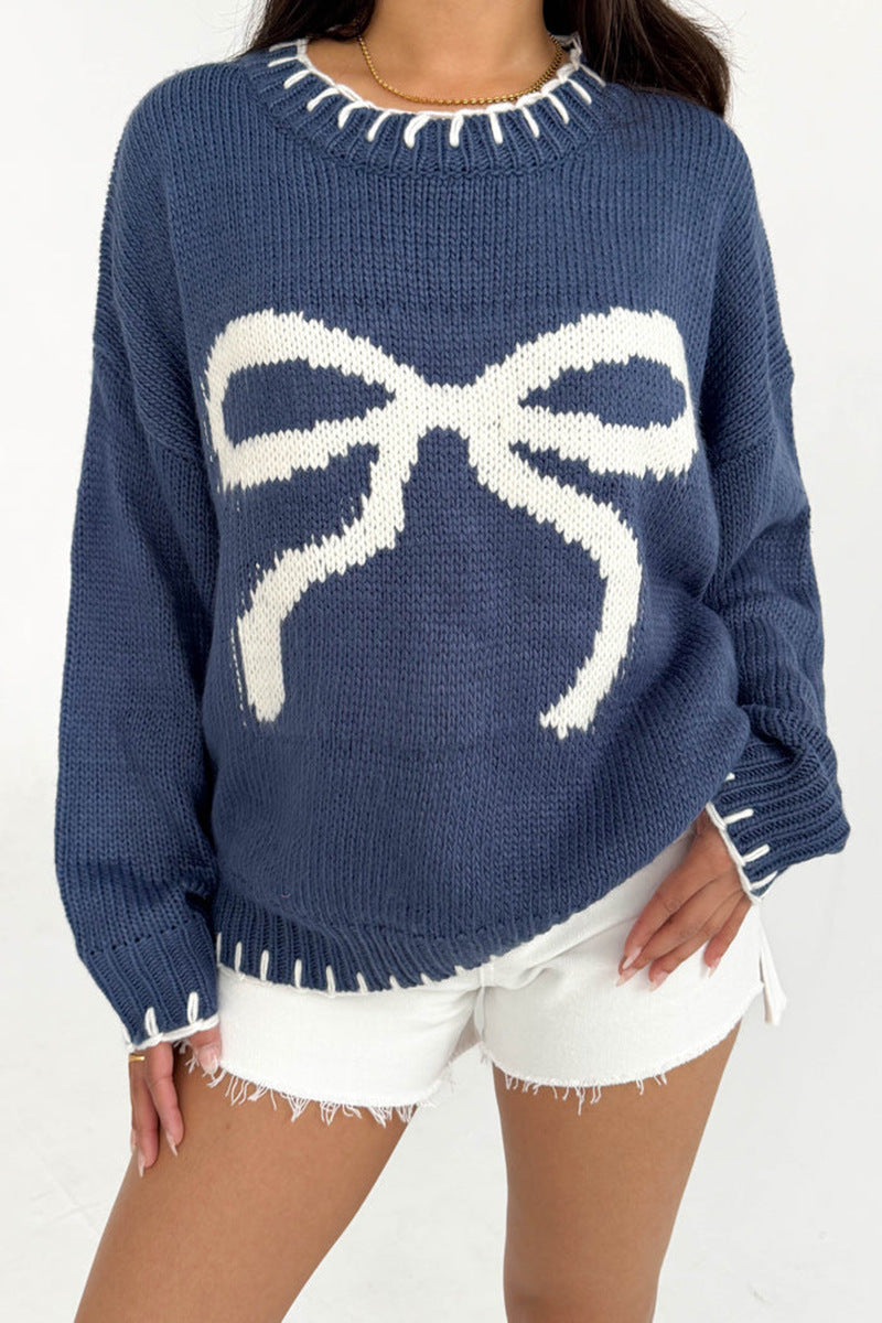 Coquette Bow Motif Oversized Knit Sweater - Blue