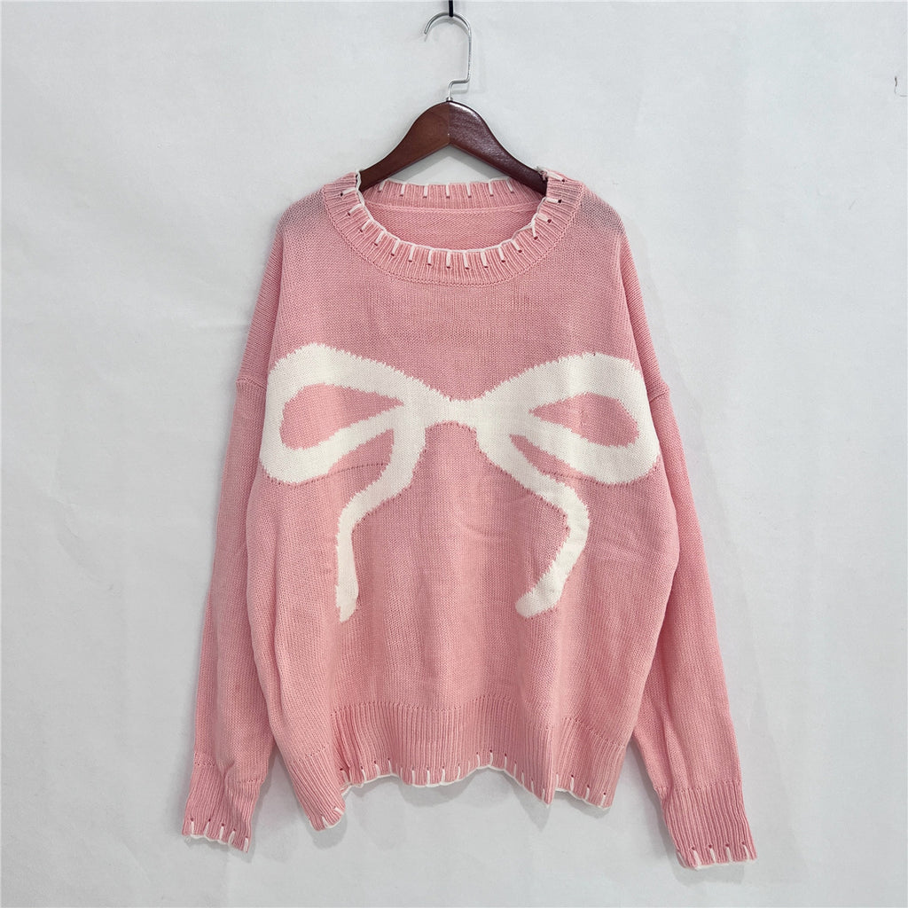 Coquette Bow Motif Oversized Knit Sweater - Pink