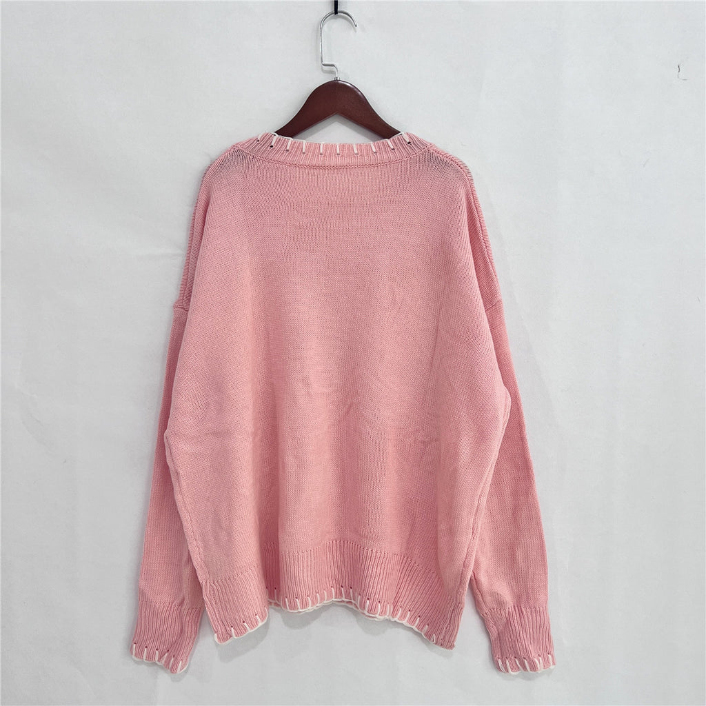 Coquette Bow Motif Oversized Knit Sweater - Pink - 1
