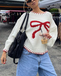 Coquette Bow Motif Oversized Knit Sweater - White