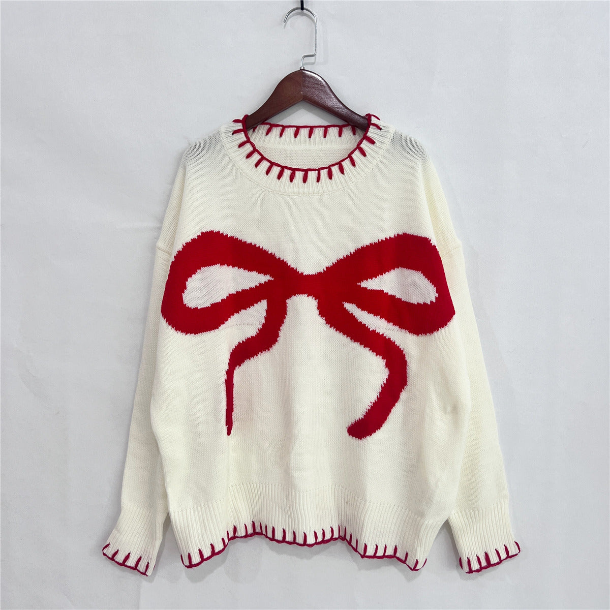 Coquette Bow Motif Oversized Knit Sweater - White - 1