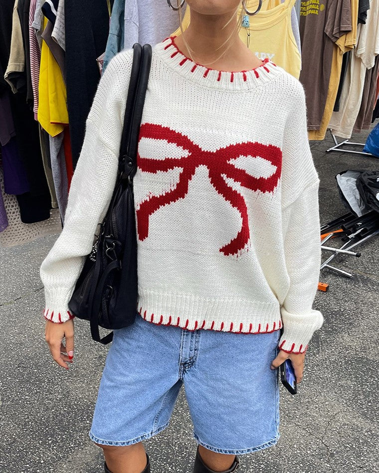 Coquette Bow Motif Oversized Knit Sweater - White - 3