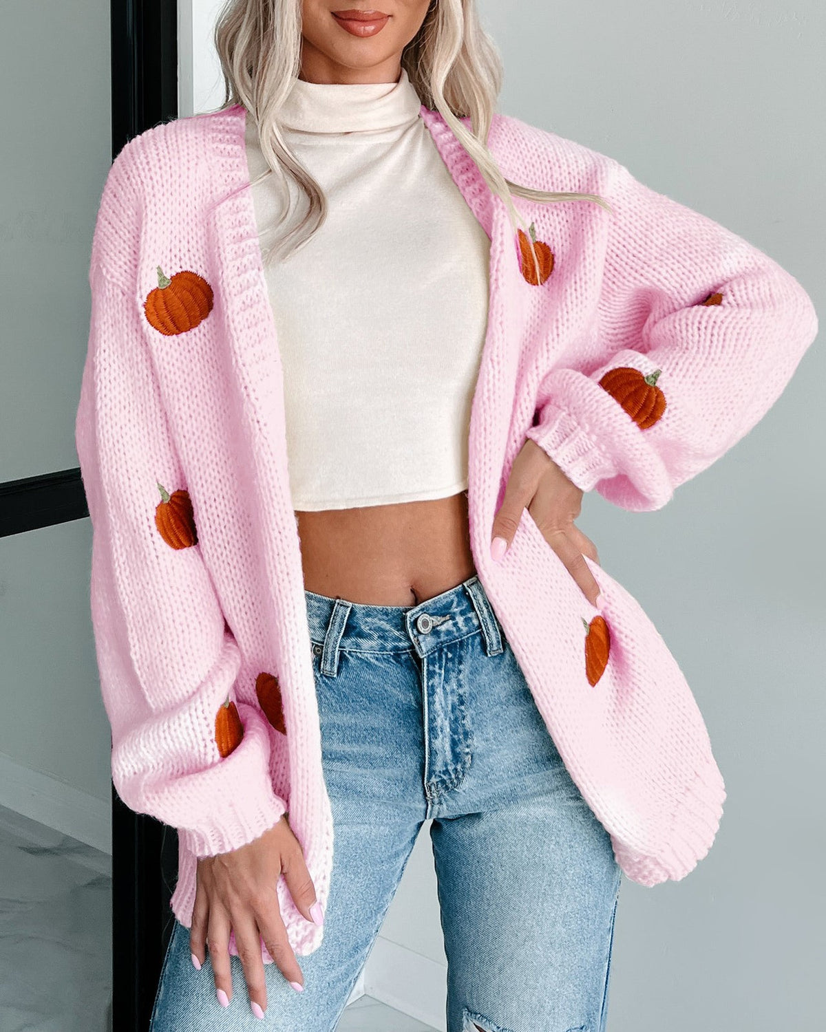 Pumpkin Embroidered Slouchy Open Knit Cardigan - Pink