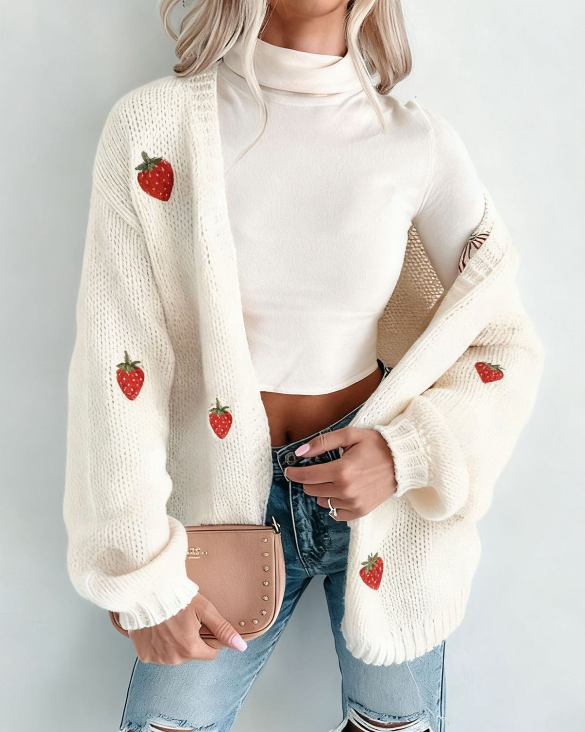 Pumpkin Embroidered Slouchy Open Knit Cardigan - Strawberry