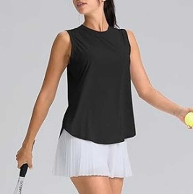 Lightweight Loose Fit Curved Hem Tennis Tank Top - Black