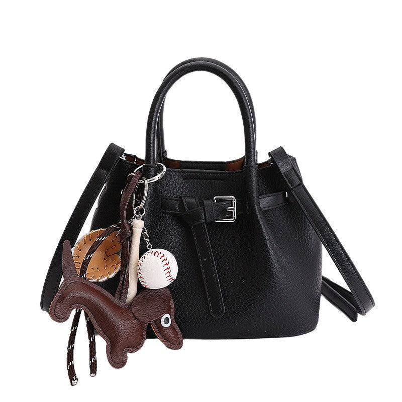 Pebbled Mini Bucket Bag with Buckle Belt - Black Charm