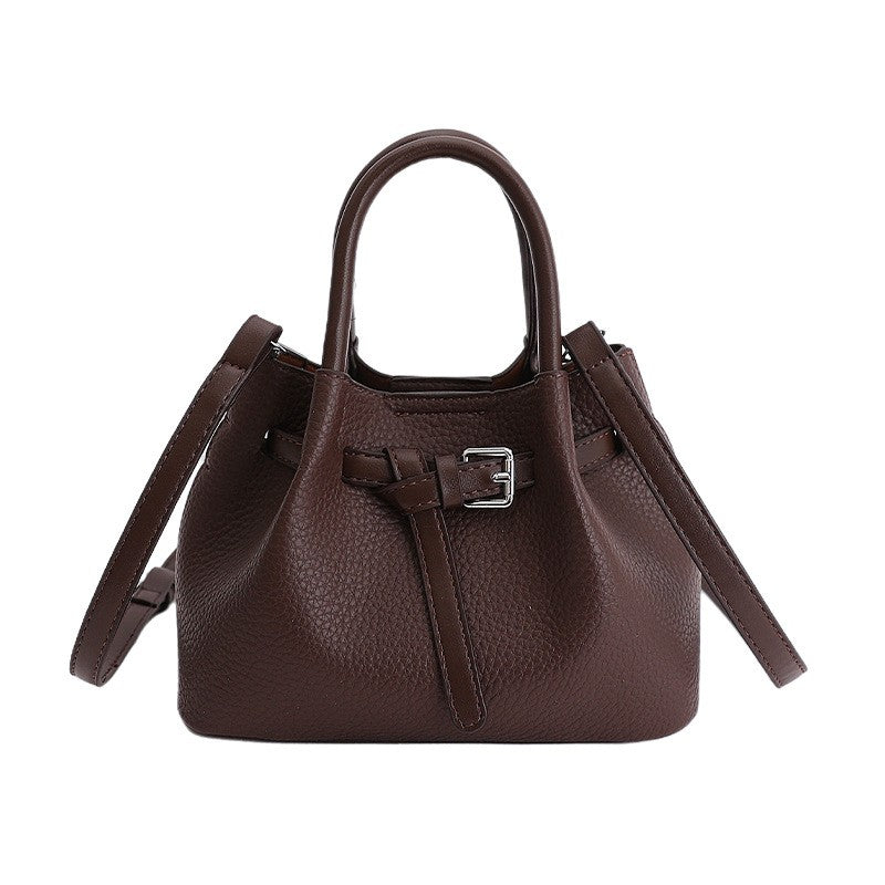 Pebbled Mini Bucket Bag with Buckle Belt - Chocolate
