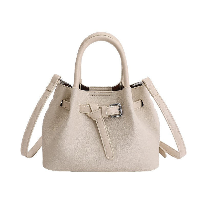 Pebbled Mini Bucket Bag with Buckle Belt - Cream