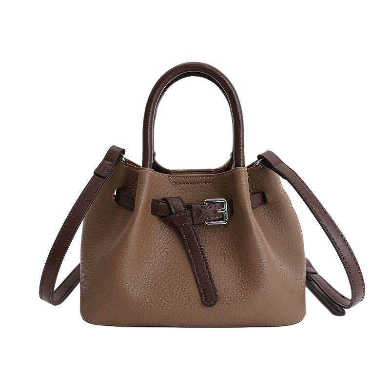 Pebbled Mini Bucket Bag with Buckle Belt - Taupe