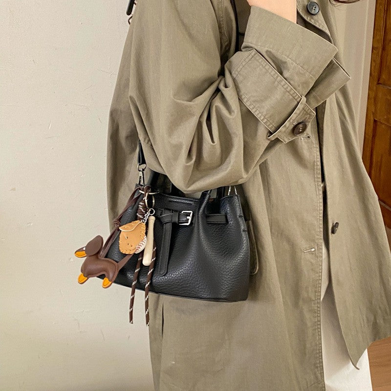 Pebbled Mini Bucket Bag with Buckle Belt