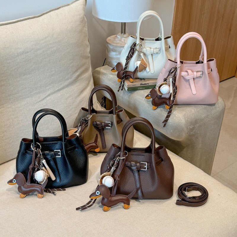 Pebbled Mini Bucket Bag with Buckle Belt