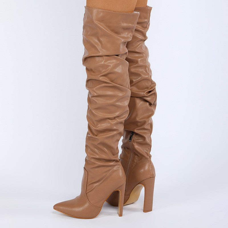 Slouchy Ruched Pointed Toe Over the Knee Boots - Camel