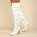 Slouchy Ruched Pointed Toe Over the Knee Boots - White