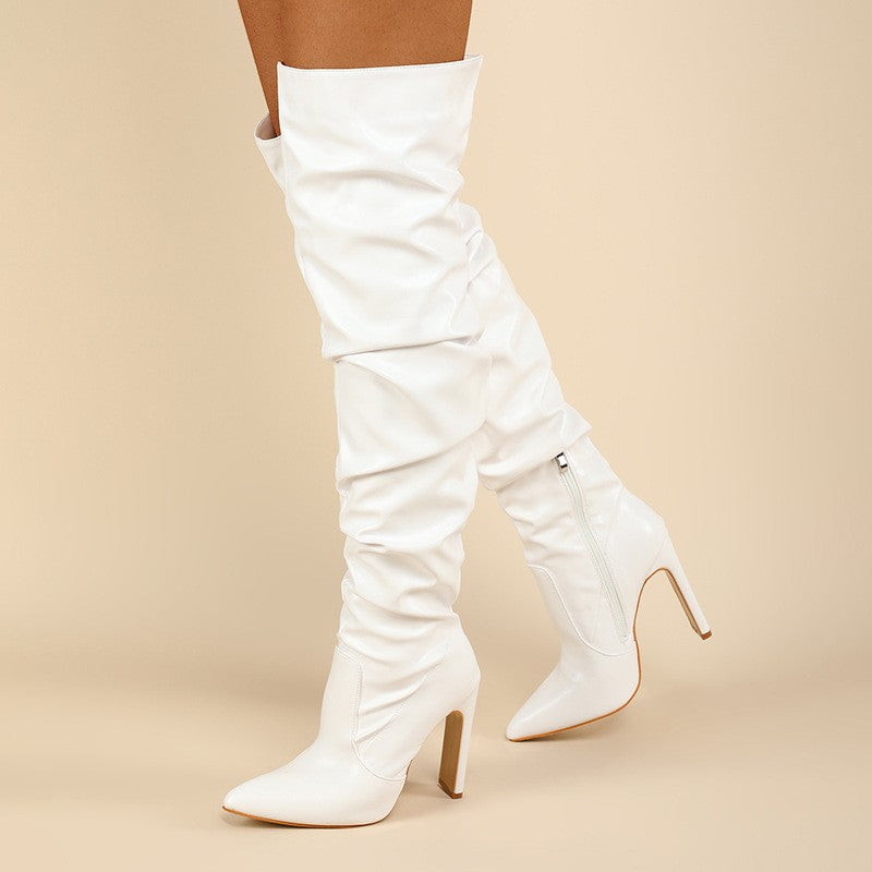 Slouchy Ruched Pointed Toe Over the Knee Boots - White