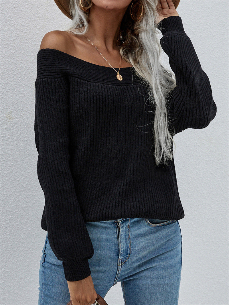 Off Shoulder Ribbed Batwing Knit Sweater - Black