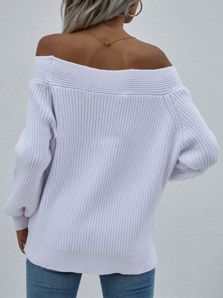 Off Shoulder Ribbed Batwing Knit Sweater - White - 2