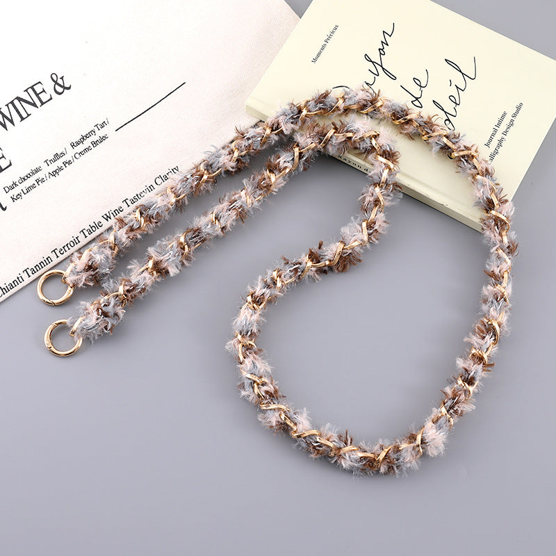 Fluffy Yarn Wrapped Chain Lanyard Strap - Brown
