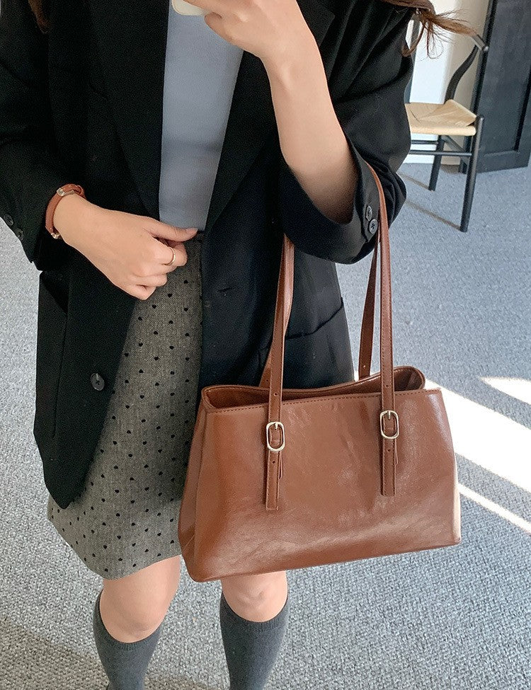 Glossy Buckle Strap Rectangular Shoulder Bag - Cognac