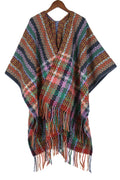 Patchwork Check Fringed Poncho Wrap - moss