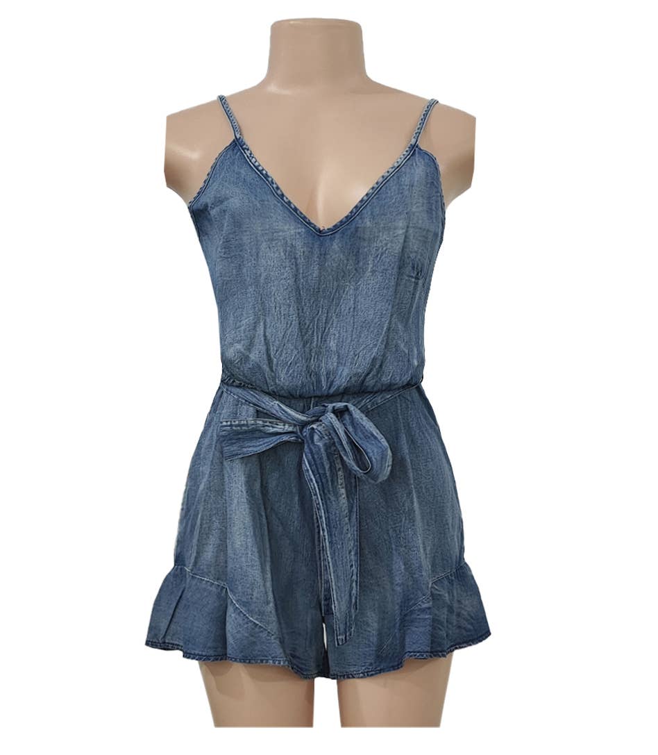 Washed Denim Ruffle Hem Cami Romper