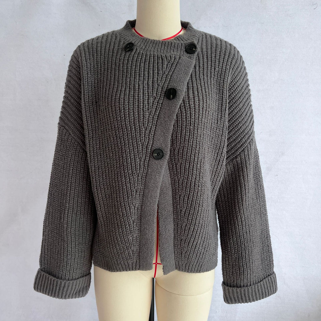 Asymmetric Button Front Chunky Knit Sweater - Grey