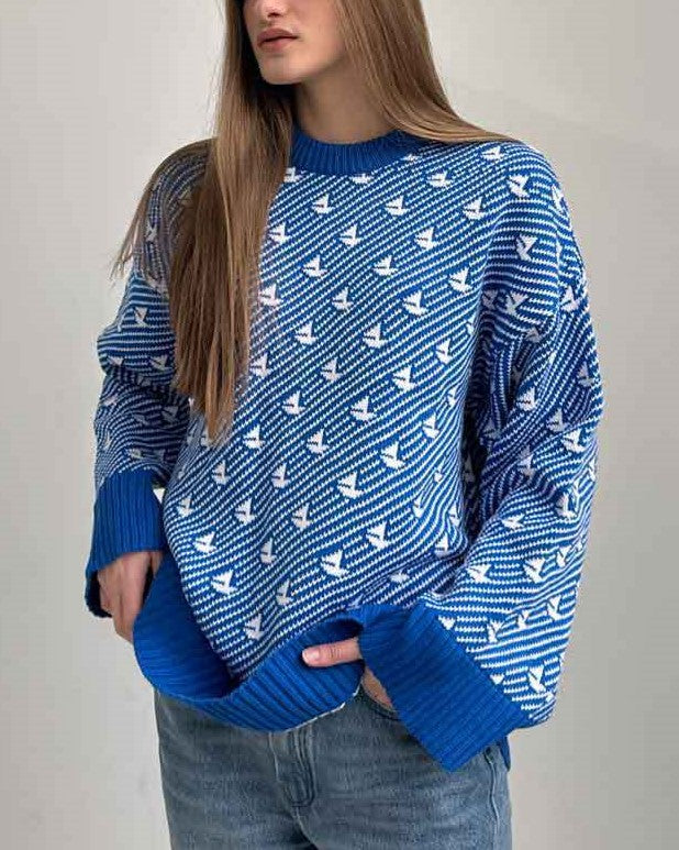 Sailboat Jacquard Oversized Crew Neck Sweater - Blue