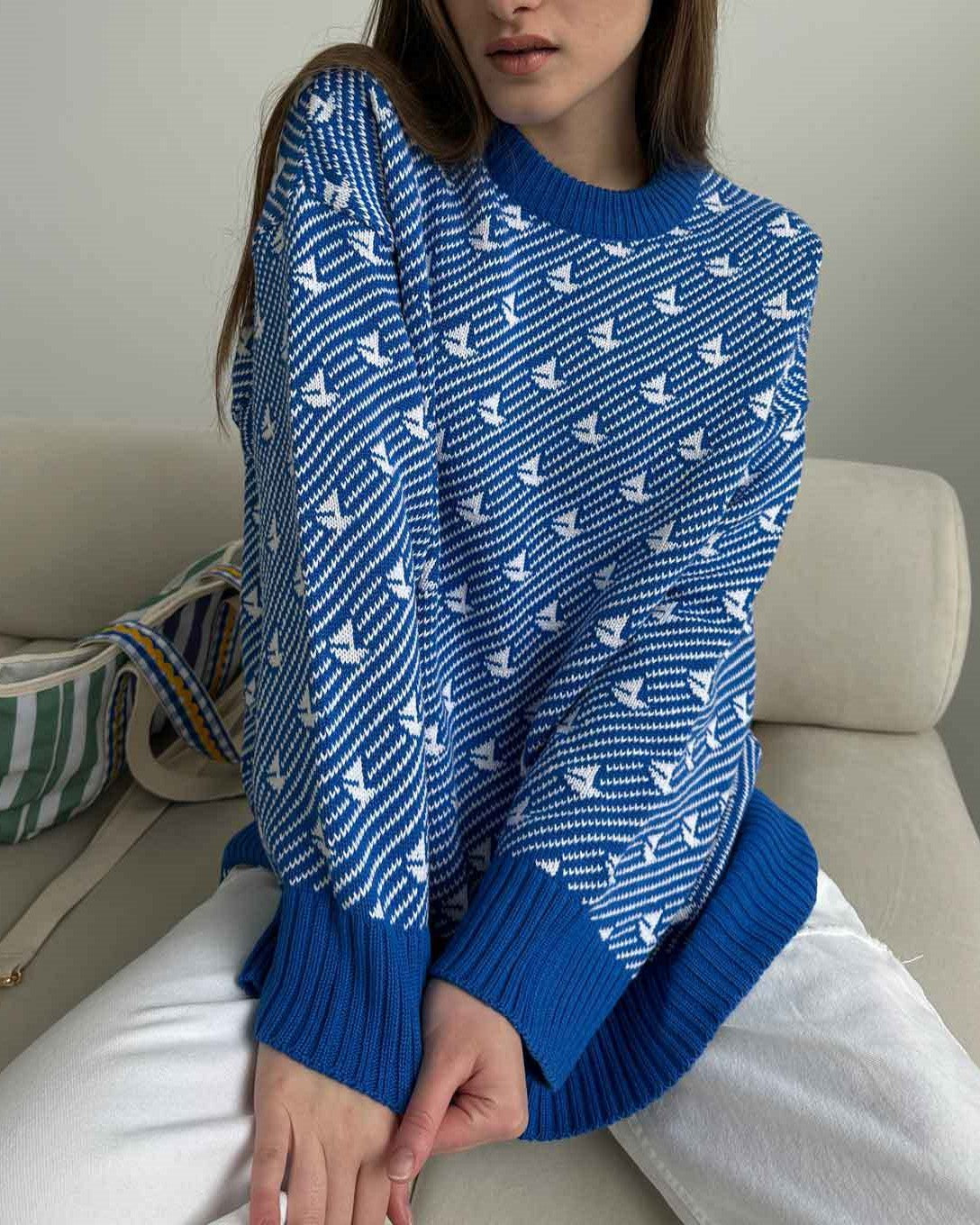 Sailboat Jacquard Oversized Crew Neck Sweater - Blue - 1